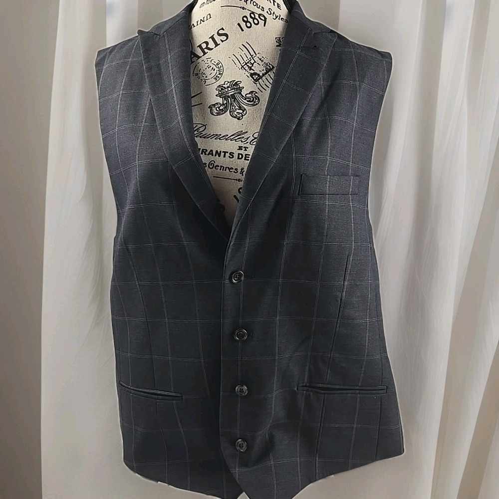 Murano Men's XL Plaid Dress Vest - Blue/Grey Glen Check - 4 Button Notch Lapel